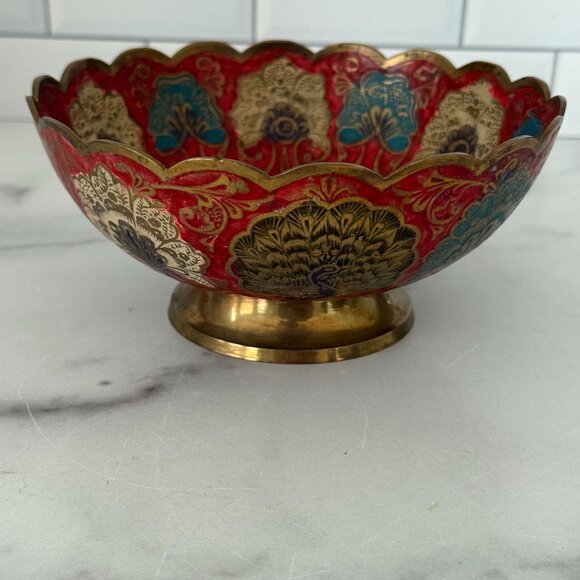 Handcrafted Brass Bowl With Scalloped Edges & Peacock Design In Red/Blue/Gold - Picture 5 of 7